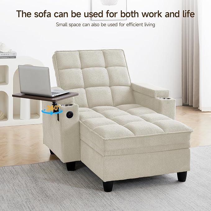 Oversized Recliner Chair with Swivel Tray Table, Modern Tufted Linen Fabric - Image 6