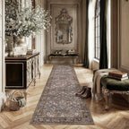 2'6''x10' Brown Blue Vintage Floral Washable Runner Rug - Image 2