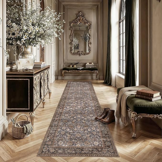 2'6''x10' Brown Blue Vintage Floral Washable Runner Rug - Image 2
