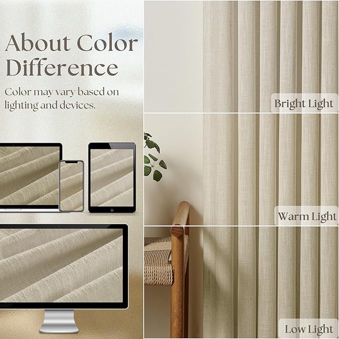 Beige Pinch Pleated Linen Curtains 120 Inches Long 2 Panels | Memory Training - Image 4