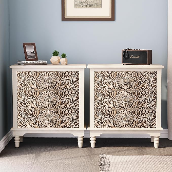 HOMPUS Nightstands Set of 2, Night Stand w Flower Pattern, Bedside Table Set of - Image 9