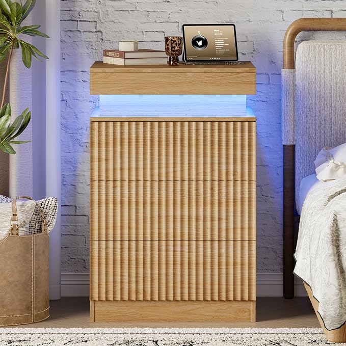 Xixini Nightstand with Charging Station and LED Lights, Fluted Night Stand with - Image 7