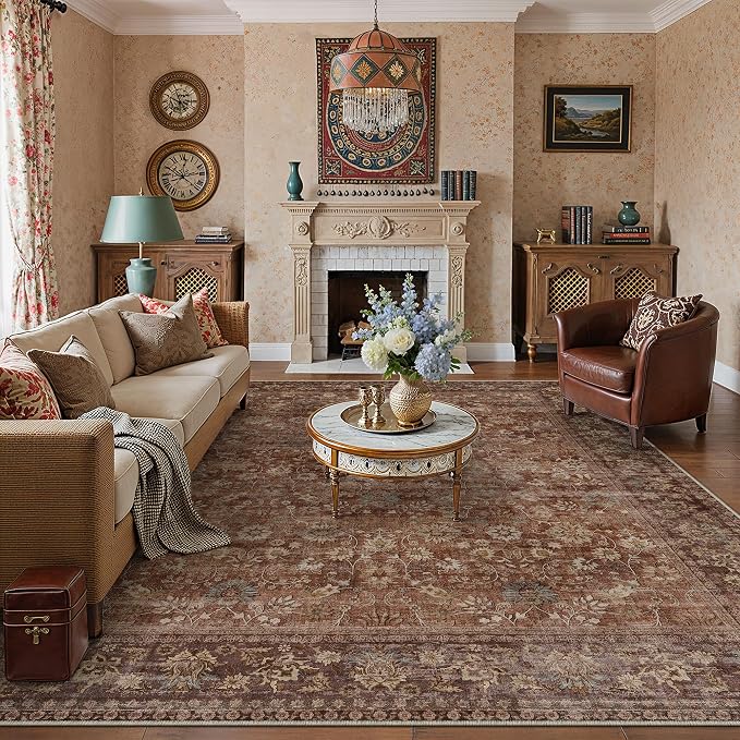 10x14 Brick Red Vintage Floral Washable Area Rug - Image 3