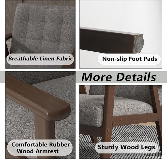 Modern Accent Chair with Wooden Table, Upholstered Linen Fabric Leisure Side - Image 6