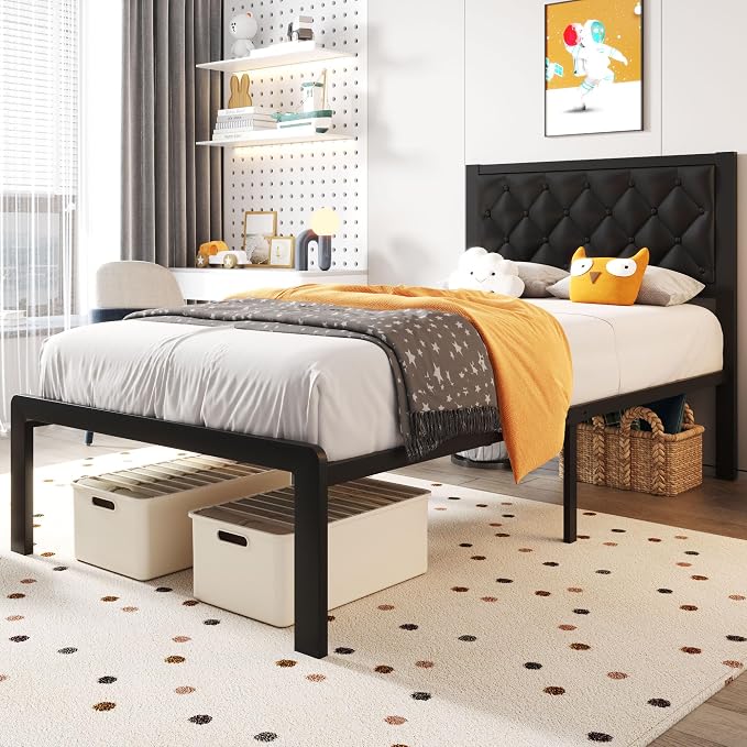 Fluest Twin Bed Frame with Headboard PU Leather Upholstered Bed Frame Platform - Image 3