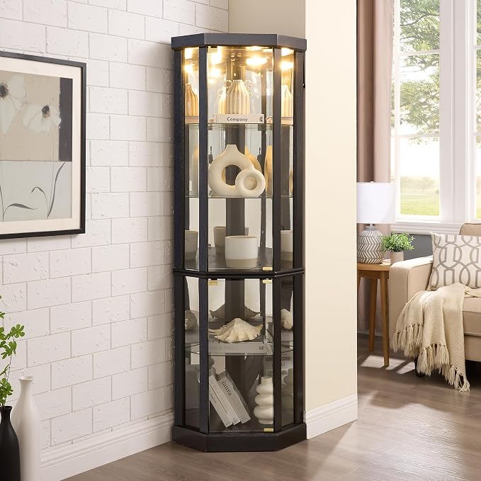 Corner Curio Cabinet, 150lbs Heavy Duty Glass Display Cabinet by Trunback