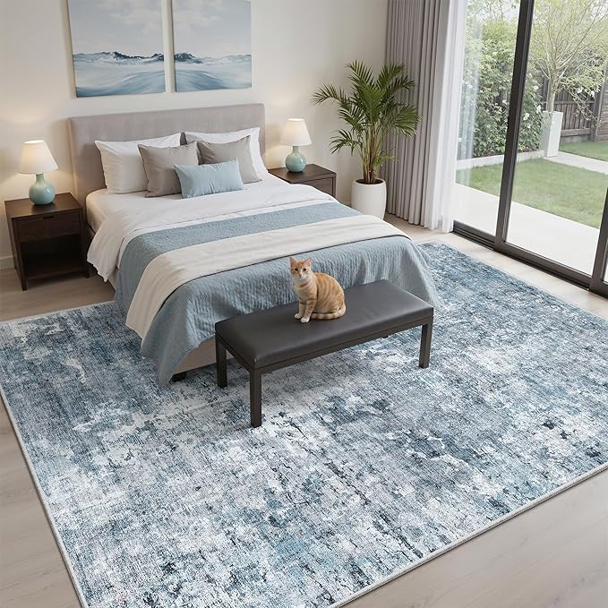 Soalmost Abstract Area Rug 6x9 for Living Room Washable Rugs Blue/Grey | - Image 3
