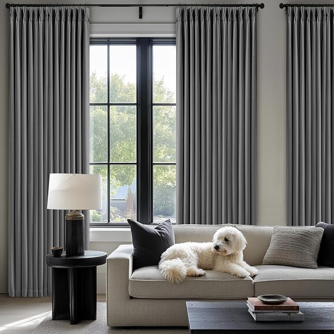 Dark Grey Pleated Thick Linen Blackout Curtains 84 Inches Long - Image 8