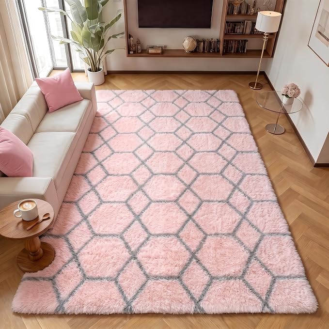 Area Rugs for Girl Bedroom Living Room, 4x6 Fluffy Pink and Grey Modern Rug | - Image 4