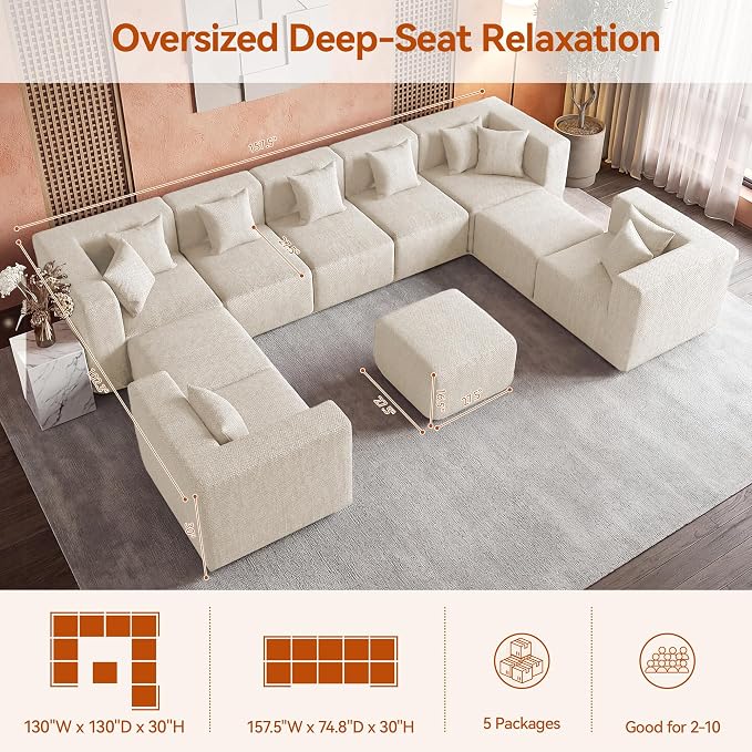 MONVANE Modular Sectional Sofa, Oversized 10 Seat Convertible U Shaped Couch - Image 3
