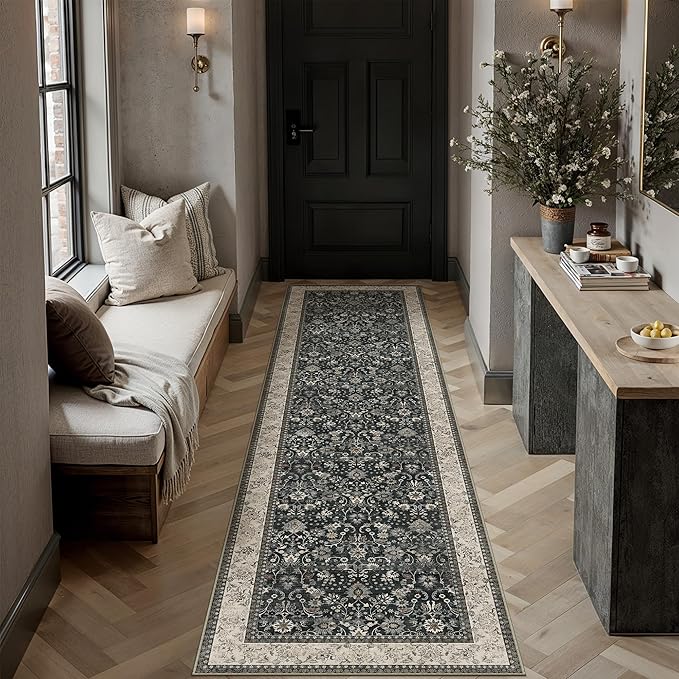 2x6 Black Beige Vintage Floral Washable Runner Rug by HUGEAR