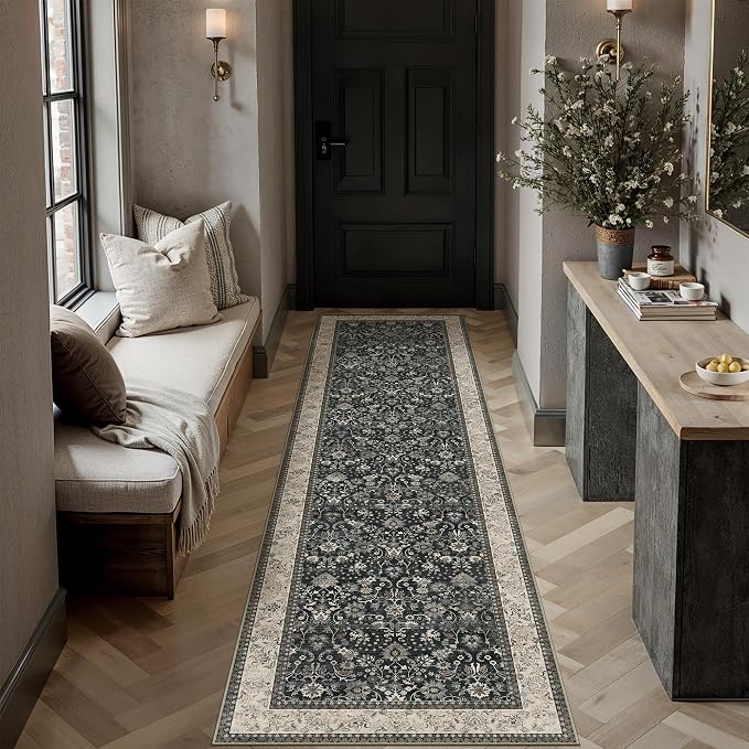 2x8 Black Beige Vintage Floral Washable Runner Rug by HUGEAR