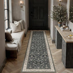 2x8 Black Beige Vintage Floral Washable Runner Rug by HUGEAR