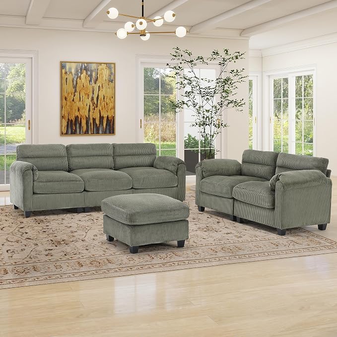 HAOMARKETS Corduroy Sofa Set, Upholstered Ottoman, and 3-Seater Couch by HAOMARKETS