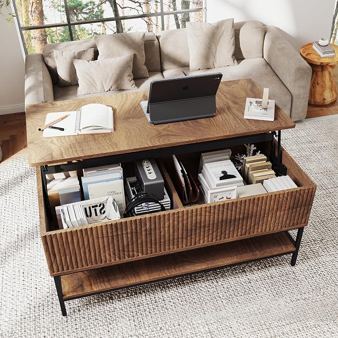 Walnut Coffee Table with Storage, Rectangle Lift Top Coffee Table, Modern Wood - Image 7