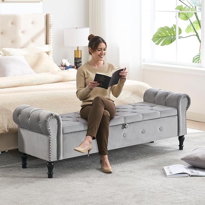 Storage Bench for Bedroom, Velvet 67" End of Bed Bench, King Size Benches - Image 6