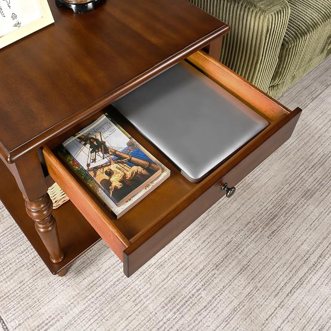 Large End Table with Drawer and Storage Shelf, Solid Wood Sofa Side Table - Image 9