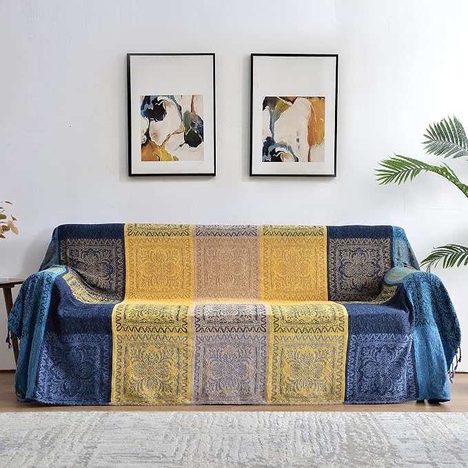 Bohemian Throw Blanket for Couch，Colorful Chenille Tassels Boho Woven Hippie by Bofree