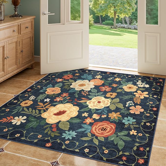 DUKINO 4x4 Square Area Rug, Floral Washable Rug by DUKINO