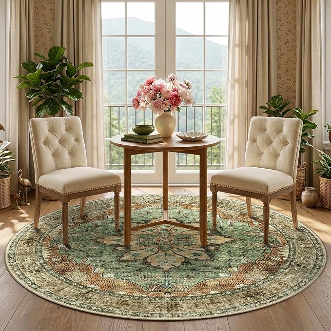 RELEANY Washable Area Rug, Round 5ft, Brick/Brown/Green | Non-Slip, Water - Image 3