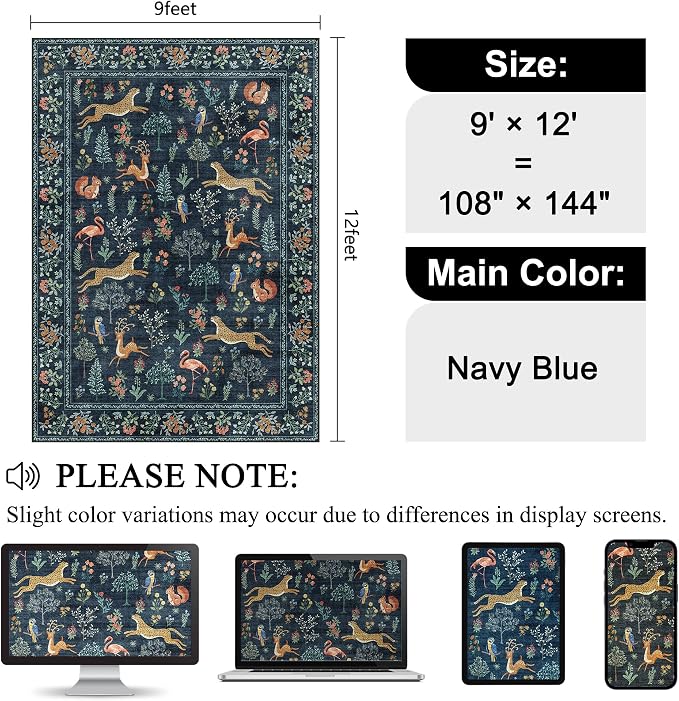 DUKINO 9x12 Area Rug for Living Room Washable Animal Rug Non Slip Navy Blue | - Image 2