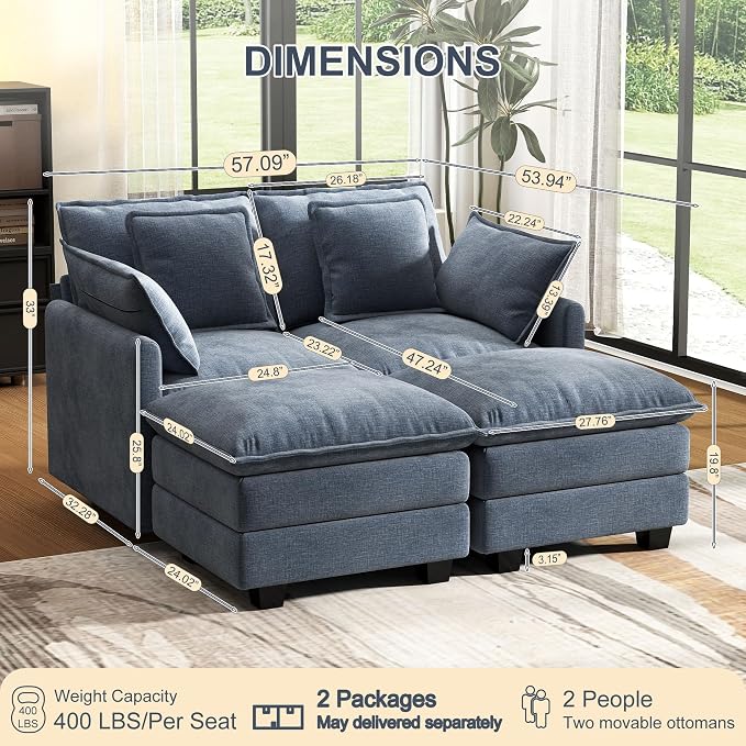 58" Cloud Couch Loveseat, Deep Seat Modular Sectional Sofa - Image 2