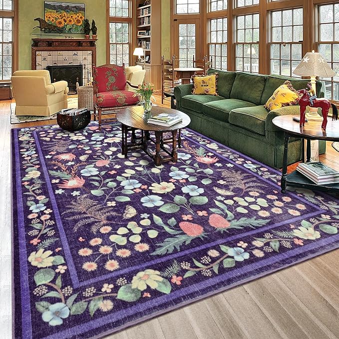 Area Rugs for Living Room, Washable 5x7 Purple Blue Vintage Rug for Bedroom by Rtizon