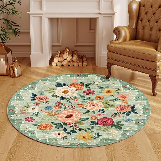 DUKINO 4ft Round Rug, Floral Washable Small Round Area Rug Non Slip, Low Pile - Image 8