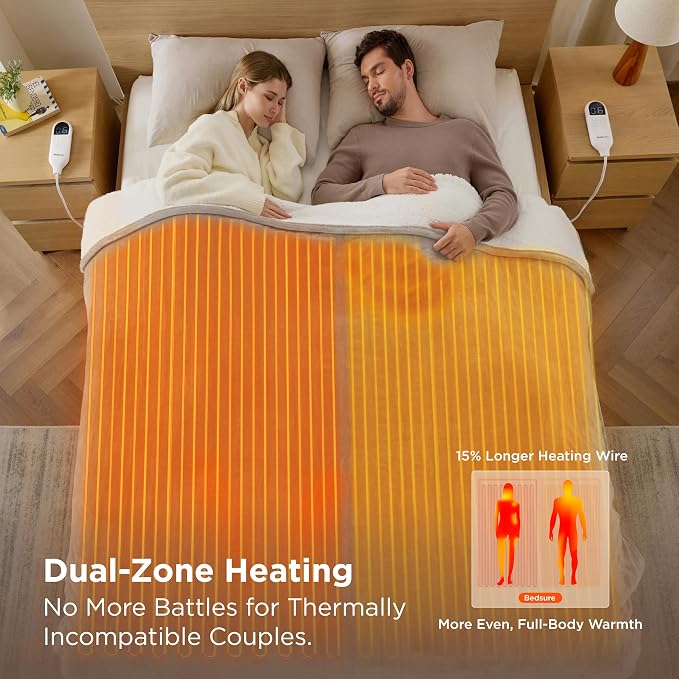 Bedsure Heated Blanket Queen Size, Dual Control Electric Blanket, Taupe | - Image 3