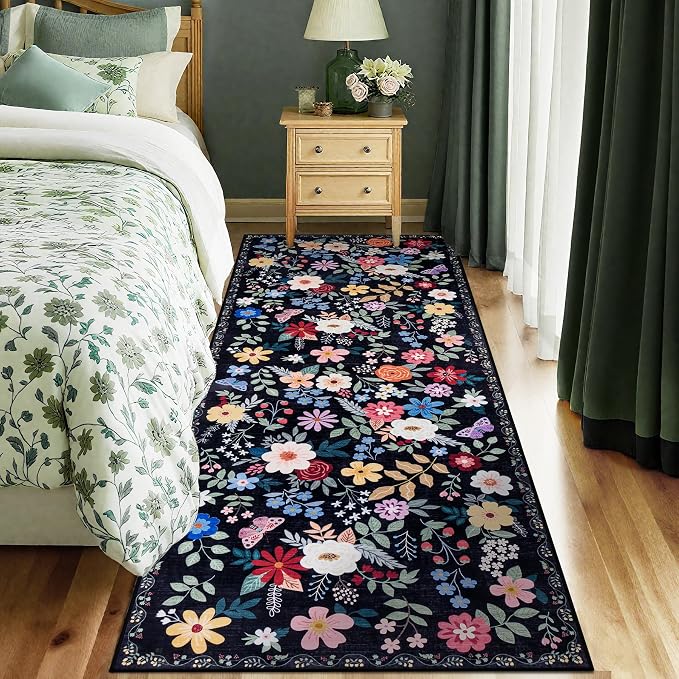 PLHXFR 2.6x8 Washable Runner Rug：Floral Indoor Kitchen Soft Carpet Black | - Image 2