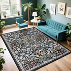 PLHXFR 6x9 Area Rug Living Room: Floral Washable Boho Carpet Dark Black | by PLHXFRSoftAreaRugs
