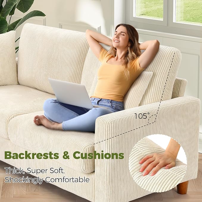 70in Corduroy Couch, Kidirect Sofa No Tool Assembly, Comfy Couches - Image 3