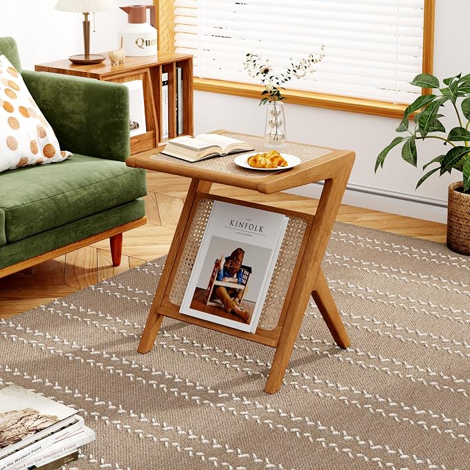 Aklaus Rattan Side Table Boho Small end Table mid Century Living Room Wooden - Image 4