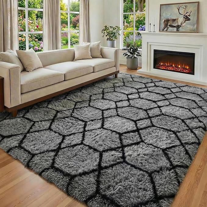 6x9 Area Rugs for Living Room Bedroom, Fluffy Grey and Black Geometric Rug | - Image 5
