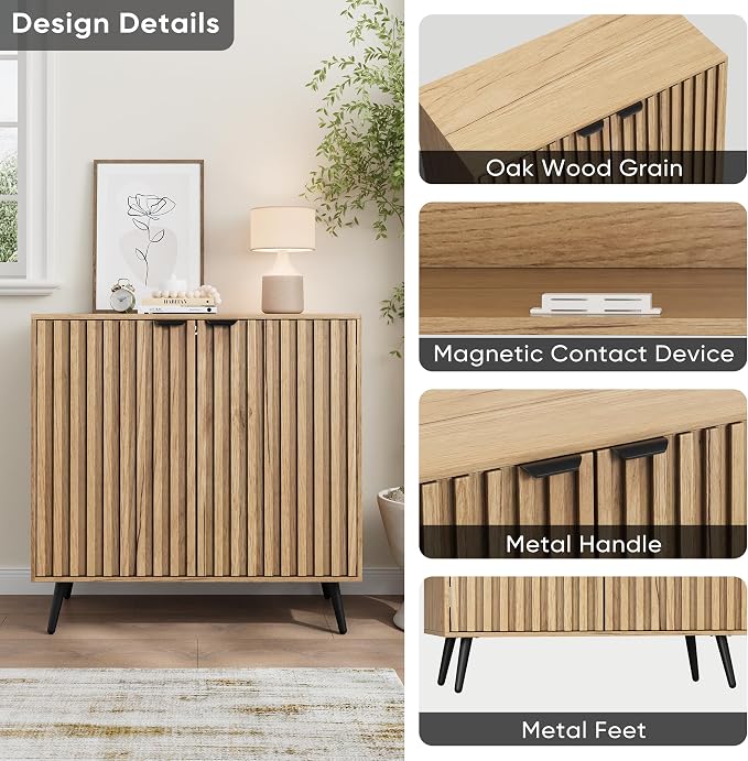 Smuxee Fluted Sideboard Cabinet, Freestanding Natural Buffet Cabinet - Image 5