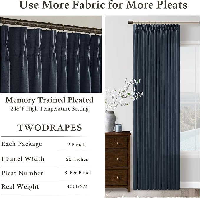 Navy Blue Pinch Pleat Light Filtering Thick Linen Curtains 102 Inches Long | - Image 4