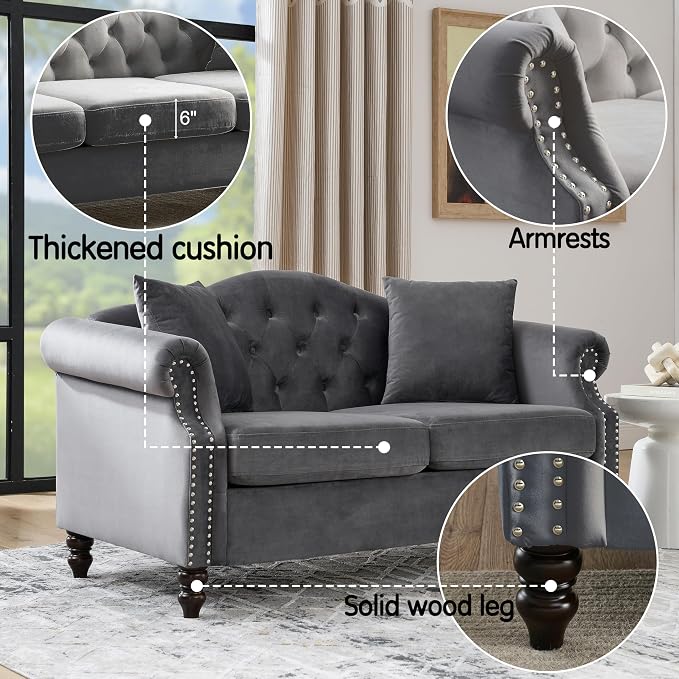 57" Chesterfield Grey Velvet 2-Seater Sofa - Image 3