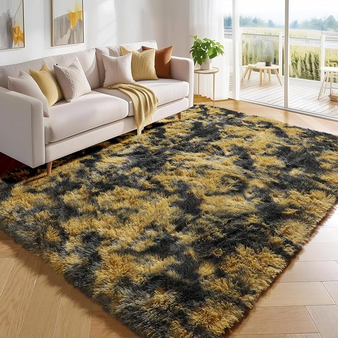 Black and Yellow Bedroom Rugs 4x6 Ft, Fluffy Modern Living Room Area Rug | by PAGISOFE