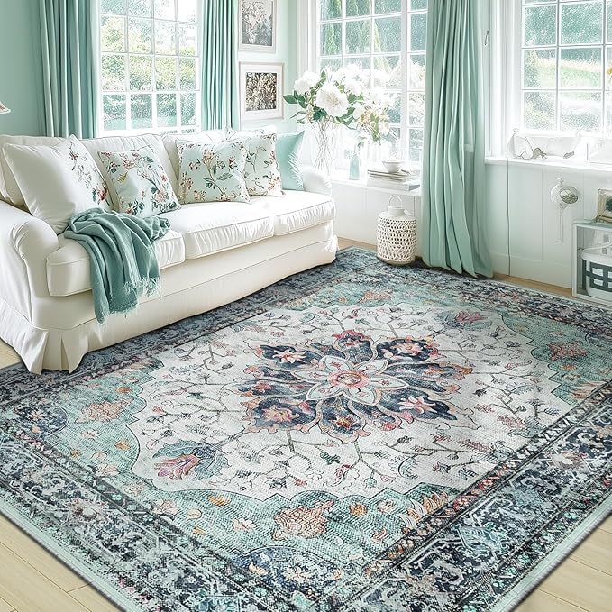 RELEANY Washable Area Rug, Teal Green/White/Navy | Non-Slip, Water Repellent - Image 2