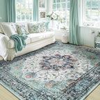 RELEANY Washable Area Rug, Teal Green/White/Navy | Non-Slip, Water Repellent by RELEANY