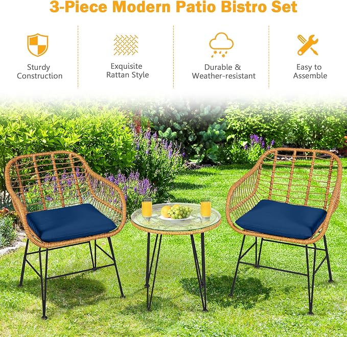 Tangkula 3 Pieces Patio Bistro Set, Rattan Conversation Set - Image 4