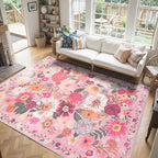Pink Washable Area Rug 10x14 for Living Room Bedroom | Low Pile; Non Slip; - Image 4