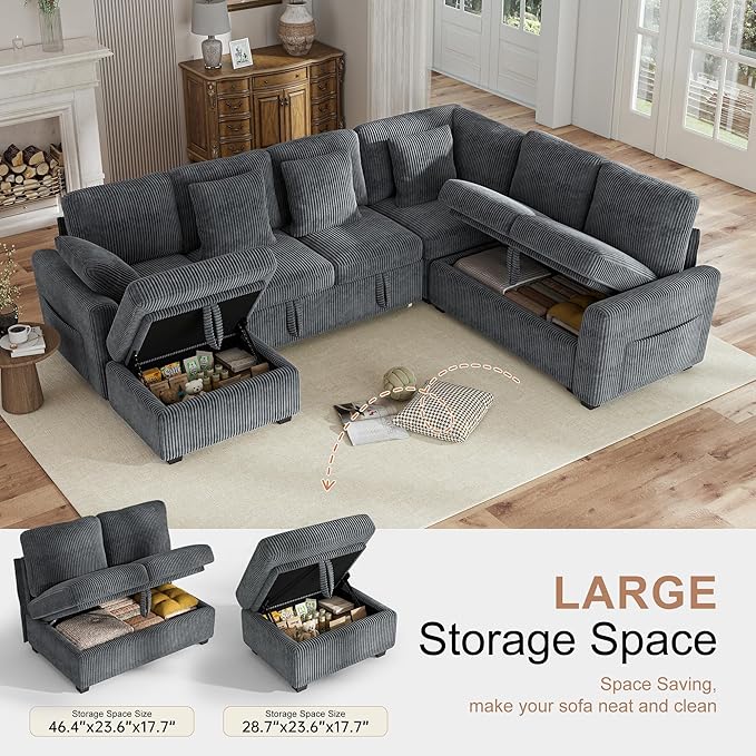 Hanherry Sectional Couch with Pull Out Sofa Bed, Corduroy Sleeper Sofa with - Image 5