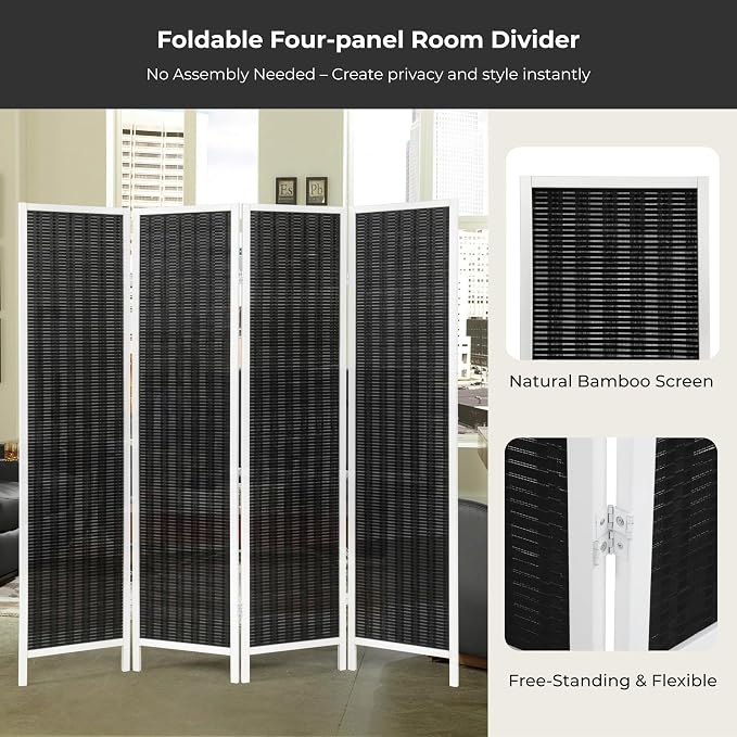 Roundhill Furniture Inkwell 4-Panel Bamboo Room Divider, Folding Portable - Image 4