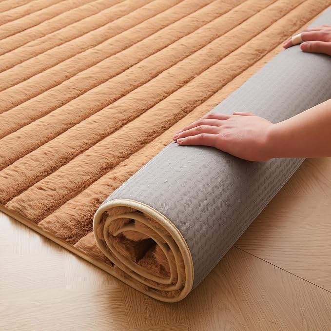 Coffee Rabbit Striped Plush Rug 4'x6', Fluffy Faux Fur Shaggy Area Rug - Image 5