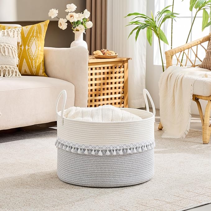 KAKAMAY Cotton Rope Storage Basket, Woven Hamper - Image 4