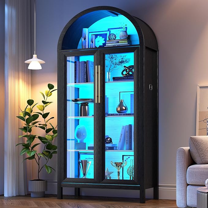 HWB Display Curio Cabinet with Glass Doors, Arched Bookcase 5-Tier Tall Storage by HWBEnjoywarmhome