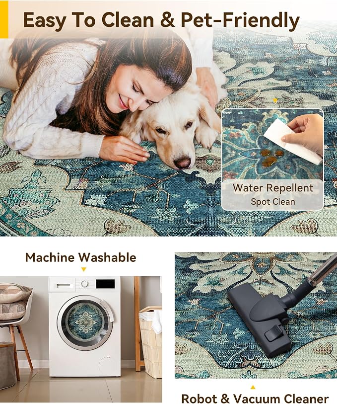 RELEANY Washable Area Rug, Round 8ft, Water Repellent, Pet Friendly, Vintage - Image 5