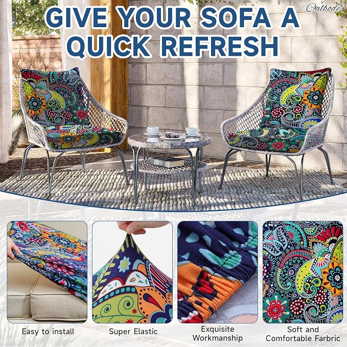 CALBODE 8Pcs Stretch Patio Cushion Cover, Boho Floral Couch & Sofa Slipcovers - Image 3