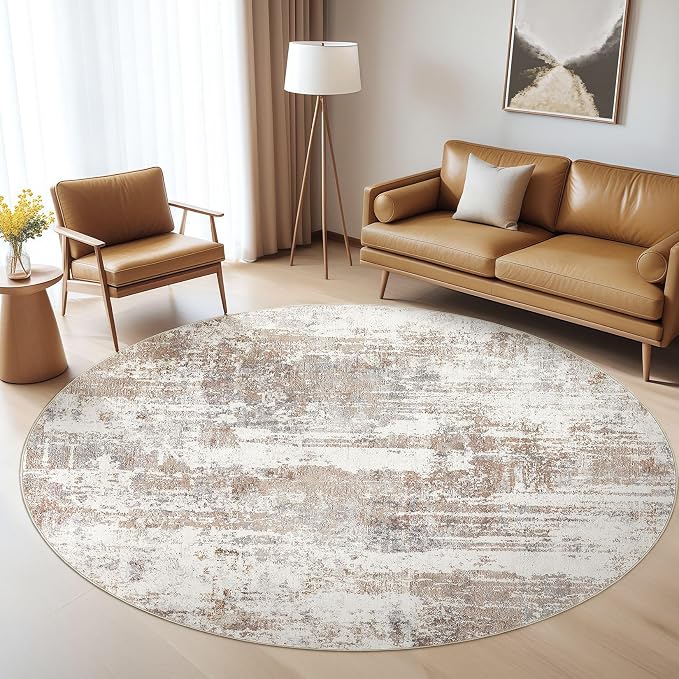 LOONGRUG Round Rug 4x4 Washable Neutral Modern Circle Area Rugs Brown | - Image 5